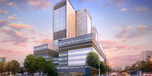 exterior render of a hospital