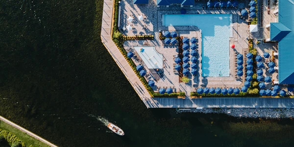 Friday Harbour resort arial view featuring a pool and beach club
