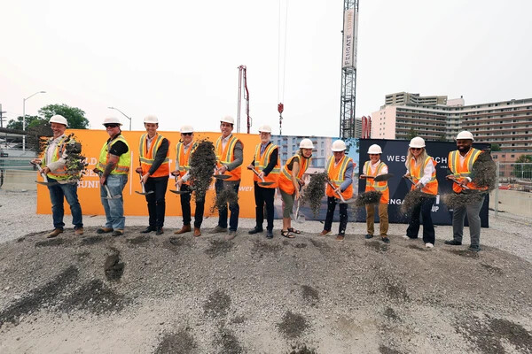 Groundbreaking ceremony for West Orchard Urban Rentals in Ottawa, Ontario, attended by Councillor Theresa Kavanagh, Ward 7, City of Ottawa and representatives from LiUNA, Fengate Asset Management, The Hi-Rise Group, and PCL Construction