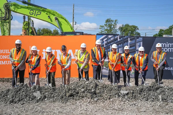 Groundbreaking ceremony for Mimico Commons in Toronto, Ontario, attended by James Maloney, Member of Parliament for Etobicoke-Lakeshore, and Amber Morley, Toronto City Councillor for Ward 3, Etobicoke-Lakeshore, and representatives from LiUNA, Fengate Asset Management, and the Rinomato Group of Companies.